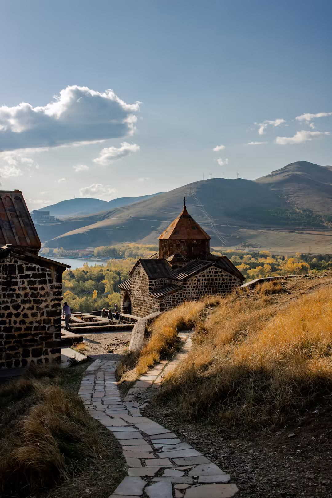 Sevanavank monastery above the blue water of Lake Sevan