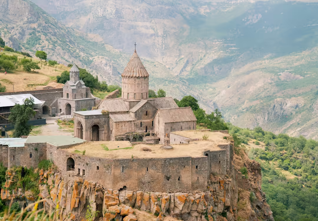 Tatev monastery perched on a cliff over the Vorotan gorge
