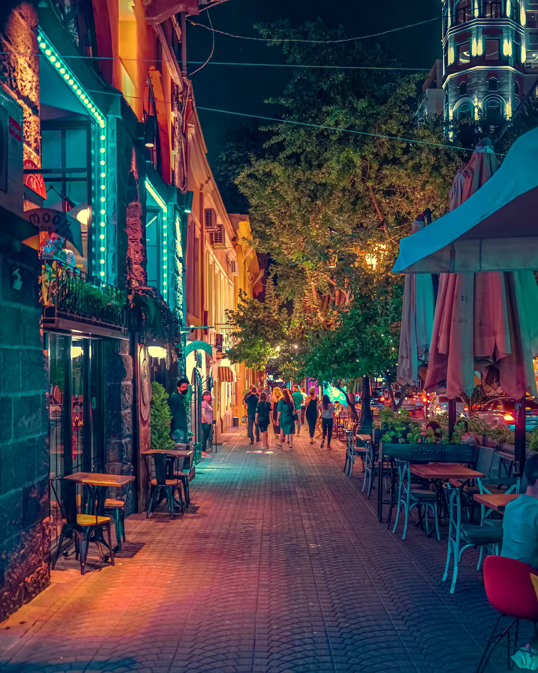 A lively café street in Yerevan on a warm evening