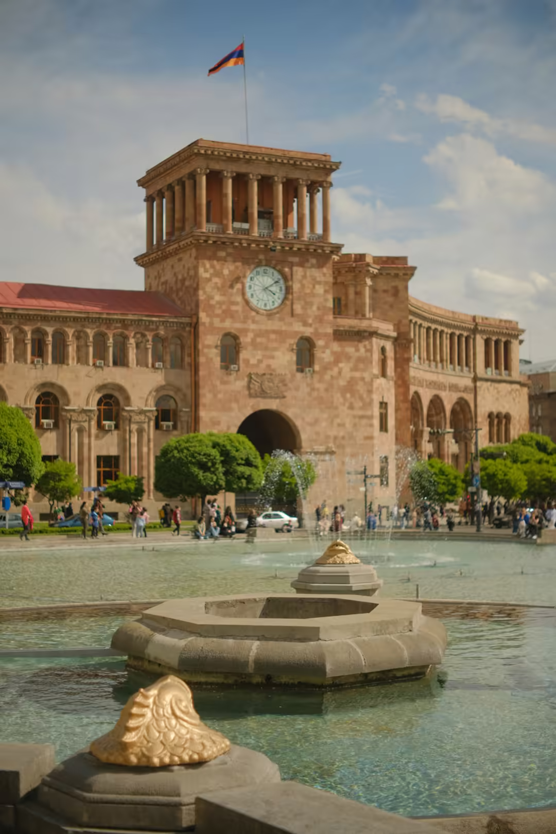 Republic Square in Yerevan with its fountains and tuff-stone clock tower